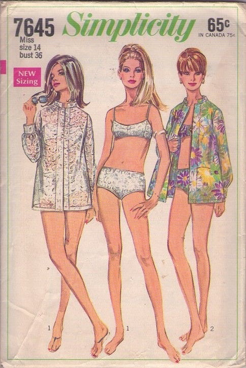 Simplicity 7645 Vintage 60's Sewing Pattern Mod Swimsuit Set, Bond Girl Bikini Bra Top, Boy Cut Bottoms, Nehru Collar Sheer or Lace Jacket Cover Up Size 14