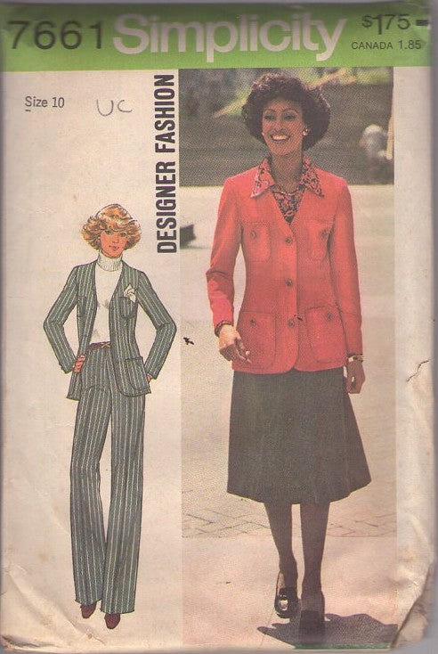 Simplicity 7661 Vintage 70's Sewing Pattern Secretary Separates, Designer Fashion V Neck Blazer Suit Jacket, Flared Skirt, Back Zippered Slacks Size 10
