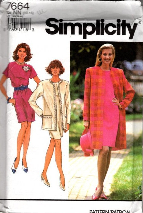 Simplicity 7664 Vintage 90's Sewing Pattern Career Ensemble, Slim Fit Secretary Dress, Matching Coat, Jacket Size 10-16