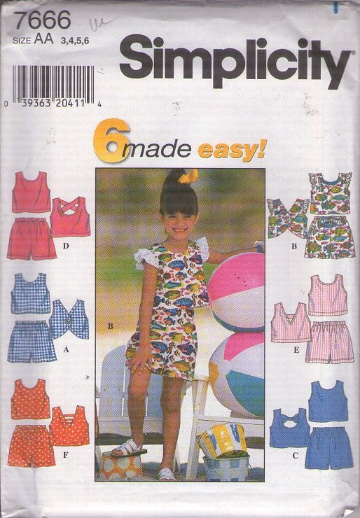 Simplicity 7666 Retro 90's Sewing Pattern Girl's Summer Separates, Six Made Easy, Cropped Sun Top, Shirt, Shorts 6 Styles Size 3-6