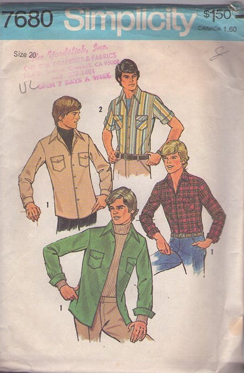 Simplicity 7680 Vintage 70's Sewing Pattern Teen Men's Shirts, Casual Pearl Snaps or Buttons Shirt Jacket Size 20