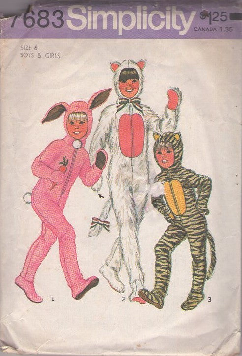Simplicity 7683 Vintage 70's Sewing Pattern Animal Costumes, Purrfect Retro Kitty Cat, Tiger, Jaguar, Bunny Rabbit Faux Fur Jumpsuit Halloween Costumes with Feet & Hood Size 6