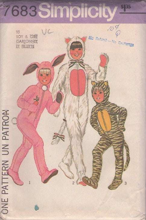 Simplicity 7683 Vintage 70's Sewing Pattern Animal Costumes, Purrfect Retro Kitty Cat, Tiger, Jaguar, Bunny Rabbit Faux Fur Jumpsuit Halloween Costumes with Feet & Hood Size 10