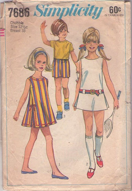 Simplicity 7686 Vintage 60's Sewing Pattern Girl's Playdress, Pre Teens' Tennis Outfit, Side Slit Dress or Top & Shorts Size 12.5