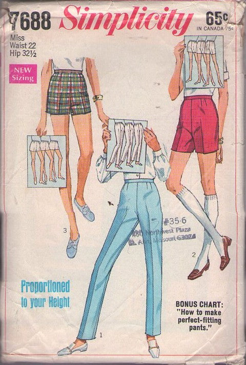 Simplicity 7688 Vintage 60's Sewing Pattern Rockabilly Pants, Mod Pinup Girl High Waisted Summer Short Shorts, Jamaica, or Tapered Leg Slacks Size 22 XS
