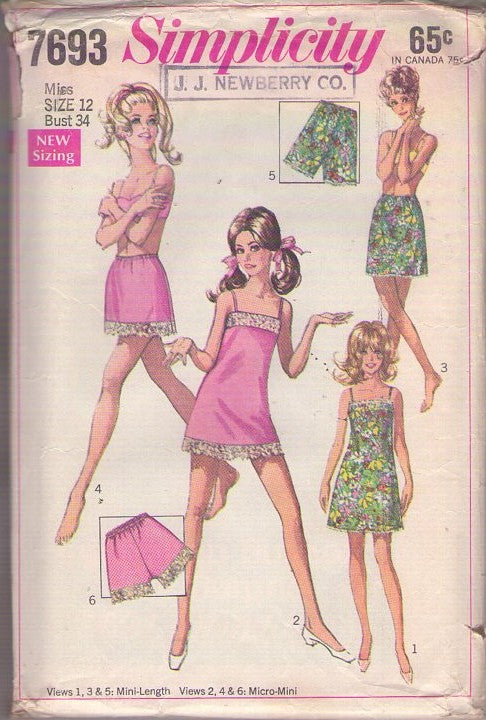 Simplicity 7693 Vintage 60's Sewing Pattern Mod Lingerie Set, Lace Trimmed Half Slip, Negligee Nightgown, Tap Panties Shorts, Pantslip Size 12