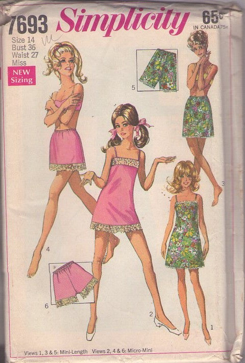 Simplicity 7693 Vintage 60's Sewing Pattern Mod Lingerie Set, Lace Trimmed Half Slip, Negligee Nightgown, Tap Panties Shorts, Pantslip Size 14