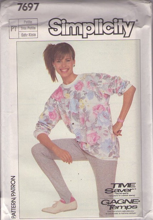 Simplicity 7697 Vintage 80's Sewing Pattern Knit Separates, New Wave, Grunge, Work Out, Oversized Sweatshirt Tunic Top Shirt, Pull On Stirrup Pants Size P