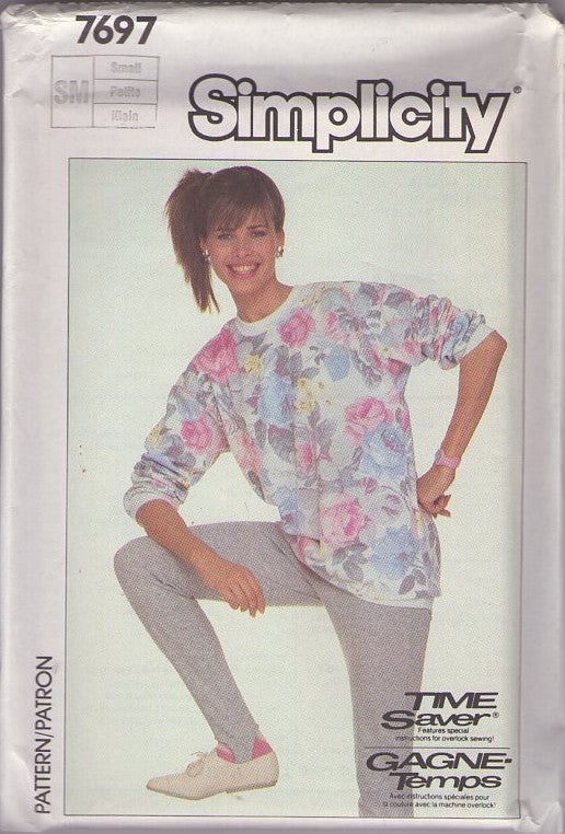 Simplicity 7697 Vintage 80's Sewing Pattern Knit Separates, New Wave, Grunge, Work Out, Oversized Sweatshirt Tunic Top Shirt, Pull On Stirrup Pants Size S