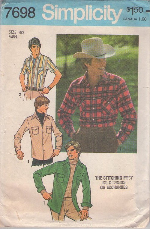 Simplicity 7698 Vintage 70's Sewing Pattern Men's Hipster, Marlboro Man Western Look Pearl Snaps or Button Shirt Set Hunting Casual Chambray Size 40 L