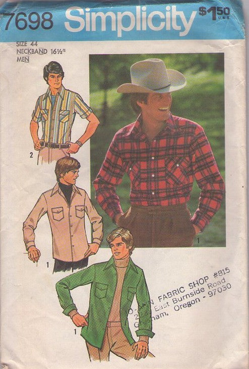Simplicity 7698 Vintage 70's Sewing Pattern Men's Shirts, Hipster Marlboro Man Western Look Pearl Snaps or Button Shirt Set Hunting Casual Chambray Size 44 XL CUT