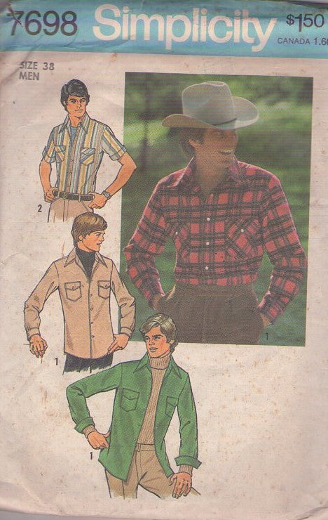Simplicity 7698 Vintage 70's Sewing Pattern Men's Shirts, Hipster Marlboro Man Western Look Pearl Snaps or Button Shirt Set Hunting Casual Chambray Size 38 L
