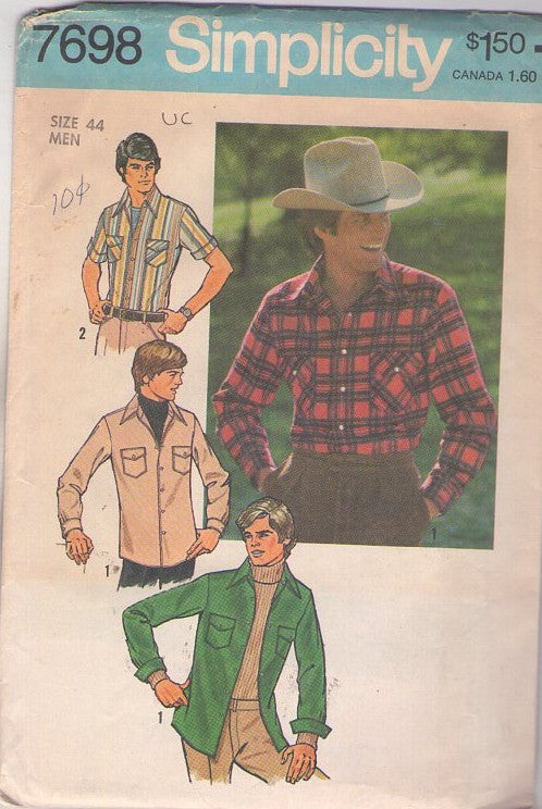 Simplicity 7698 Vintage 70's Sewing Pattern Men's Shirts, Hipster Marlboro Man Western Look Pearl Snaps or Button Shirt Set Hunting Casual Chambray Size 44 XL UNCUT