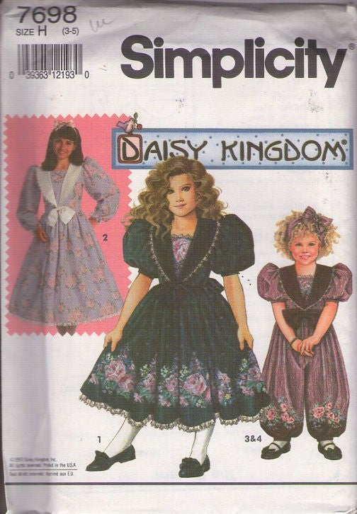 Simplicity 7698 0682 Retro 90's Sewing Pattern Girl's Romper, Dress, Daisy Kingdom, Border Print Holiday Party Dress, Modest Cottagecore Gown, Jumpsuit Size 3-5