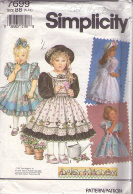 Simplicity 7699 Vintage 90's Sewing Pattern Girl's Daisy Kingdom, Cottagecore Farmcore Fancy Frilling Puff Sleeve Modest Dress, Attached Petticoat, Border Fabric Pinafore Apron Size 5-6X