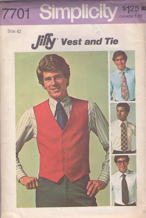 Simplicity 7701 Vintage 70's Sewing Pattern Men's Vest, Ties, Retro Disco Era Wide Tie, Necktie Set & Suit Vest Big & Tall Size 42 L