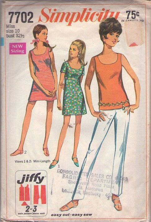 Simplicity 7702 Vintage 60's Sewing Pattern Mod Separates, Jiffy Scoop Neck Tank Top, Knits Summer Dress, Tapered Leg Pants Size 10