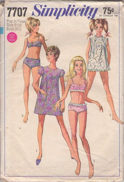 Simplicity 7707 Vintage 60's Sewing Pattern Mod Swimwear, MCM Beach Blanket Bingo Bikini, Bra Top, Boy Cut Bottoms, Puff Sleeve or Lace Mini Dress Size 9/10