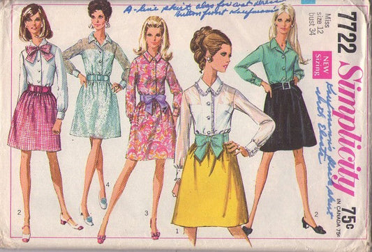 Simplicity 7722 Vintage 60's Sewing Pattern Mod Dress Set, Twiggy Same or Contrast Fabric Step In Shirtwaist Day Dress Set, Secretary or Party 4 Styles Size 12