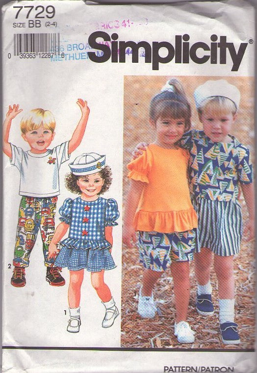 Simplicity 7729 Discontinued 90's Sewing Pattern TODDLER'S Separates, Nautical Pants or Shorts, Skirt , Tops and Sailor Hat