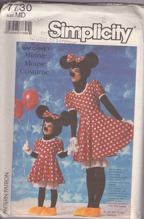 Simplicity 7730 Vintage 80's Sewing Pattern Character Costumes, Official Walt Disney Minnie Mouse Mascot Costume, Dress, Pantaloons, Hood with Ears, Gloves, Boot Covers Size Adult M