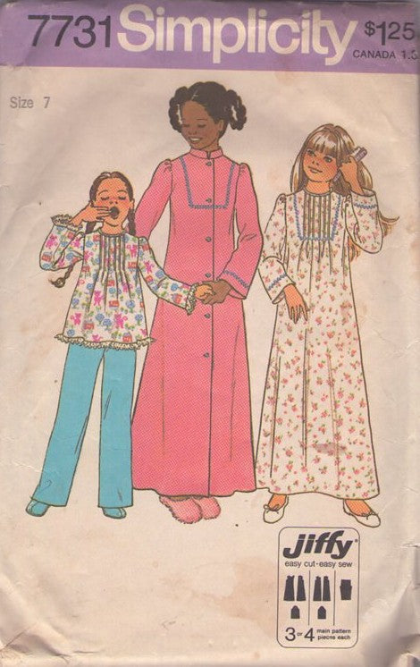Simplicity 7731 Vintage 70's Sewing Pattern Girl's PJs Set, Modest Pin Tucks Front Pajamas Top, Pants, Long Nightgown, House Coat, Robe Size 7