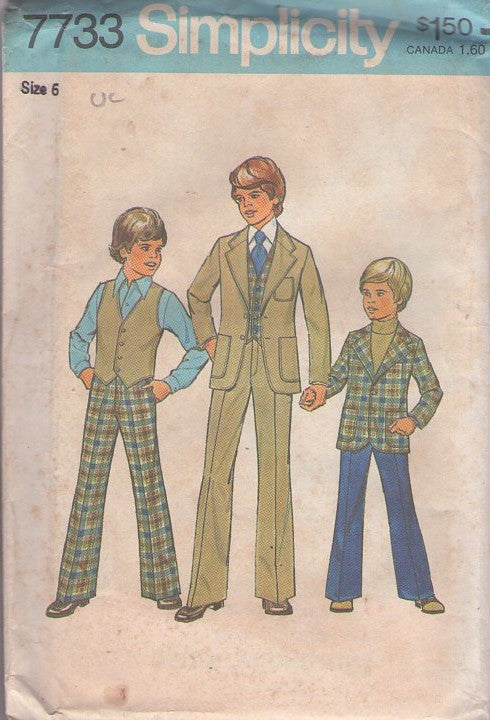 Simplicity 7733 Vintage 70's Sewing Pattern Boys' Disco Suits, Napolean Dynamite, Wide Lapels Jacket, Fly Front Flared Pants & Vest Size 6