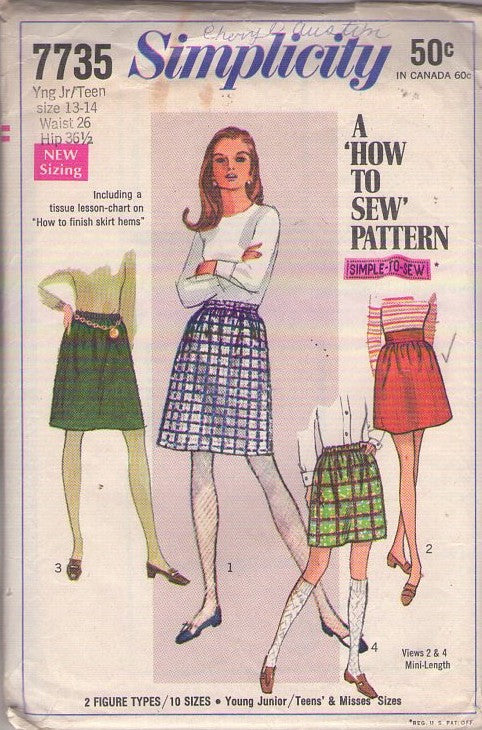 Simplicity 7735 Vintage 60's Sewing Pattern Mod Skirt Set, How To Sew Easy Secretary Mini Skirt, Elastic or Wide Size 13/14 Waist 26