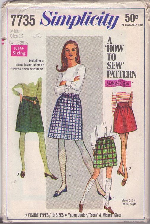Simplicity 7735 Vintage 60's Sewing Pattern Mod Skirt Set, How To Sew Easy Secretary Mini Skirt, Elastic or Wide Size 12 Waist 25.5