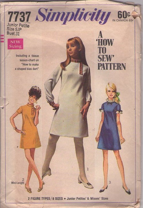 Simplicity 7737 Vintage 60's Sewing Pattern Easy Dress, Mod How to Sew Gogo Day Dress, 3 Styles Size 5 JP