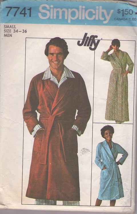 Simplicity 7741 Vintage 70's Sewing Pattern Mens' Jiffy Wrap Around Robe, Shawl Collar Bathrobe Set, Short or Long Size S