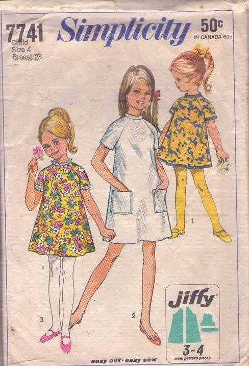 Simplicity 7741 Vintage 60's Sewing Pattern Girl's Dress, Mod, Jiffy, Easy, Raglan Sleeve, 3 Styles Size 4