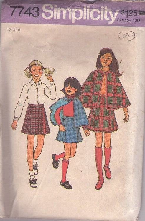 Simplicity 7743 Vintage 70's Sewing Pattern Girl's Skirt & Cape, Pleated School Uniform Skirt, Fringed Kilt Style, Poncho Cape Size 8