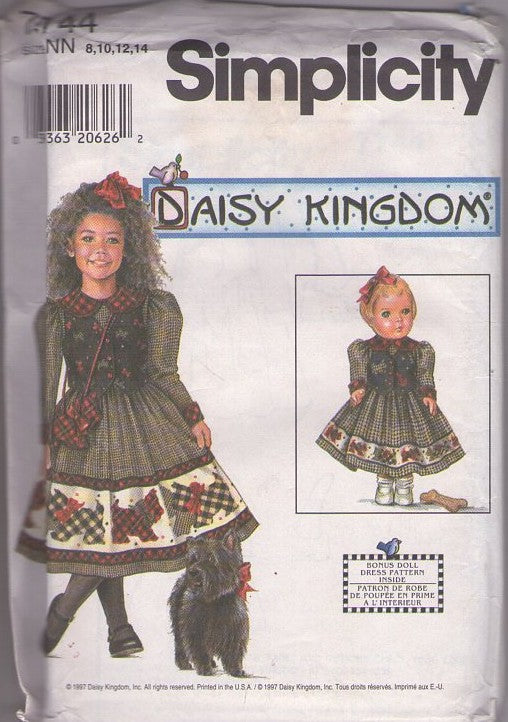 Simplicity 7744 Vintage 90's Sewing Pattern Girl's Dress, Daisy Kingdom, Scottie Dog Border Print Fancy Cottagecore Dress, Vest, Purse Bag, 17 Doll Dress to Match Size 8-14