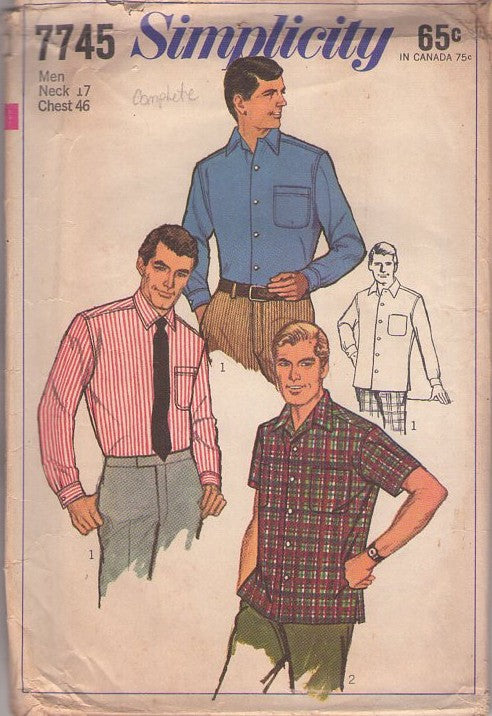 Simplicity 7745 Vintage 60's Sewing Pattern Men's Shirts, Big & Tall Casual Button Up or Dress Shirt Set Size 46 XL