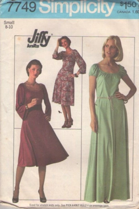 Simplicity 7749 Vintage 70's Sewing Pattern Disco Gowns, Goddess Scoop Neck Jiffy Knits Pullover Secretary Dress, Grecian Look Party Gown Size S