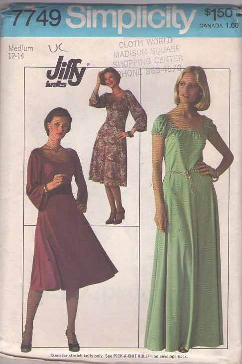 Simplicity 7749 Vintage 70's Sewing Pattern Disco Gowns, Goddess Scoop Neck Jiffy Knits Pullover Secretary Dress, Grecian Look Party Gown Size M