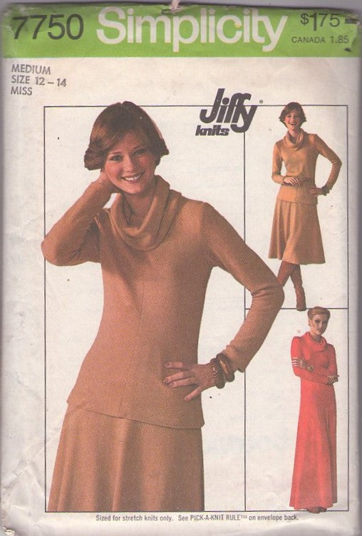 Simplicity 7750 Vintage 70's Sewing Pattern Jiffy Knits, Clingy Secretary 2 Piece Dress or Hostess Maxi Gown, Cowl Neck Blouse, Flared Skirt Size S 8-10