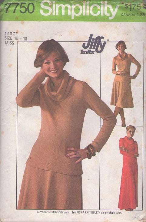 Simplicity 7750 Vintage 70's Sewing Pattern Jiffy Knits, Clingy Secretary 2 Piece Dress or Hostess Maxi Gown, Cowl Neck Blouse, Flared Skirt Size L 16-18