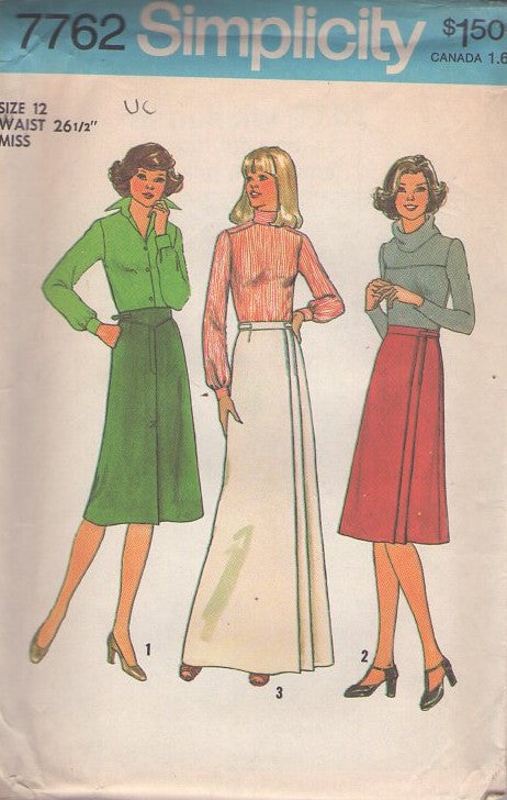 Simplicity 7762 Vintage 70's Sewing Pattern Evening Skirts, Shaped Midriff Fly Front, Front Wrap Around Pleated Secretary or Maxi Skirt Size 12