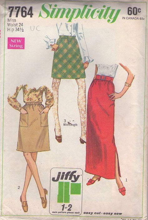 Simplicity 7764 Vintage 60's Sewing Pattern Easy Skirts, Twiggy Mod Jiffy Elasticized Waist A-Line Skirt Set, Mini, Maxi Waist 24 Size S