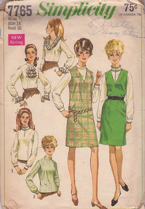 Simplicity 7765 Vintage 60's Sewing Pattern Mod Blouses, Stepford Wives V Neck Jumper Dress, Ruffles, Nehru Collar Blouse Set Size 10