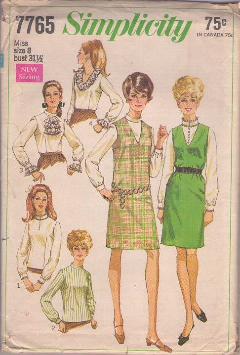 Simplicity 7765 Vintage 60's Sewing Pattern Mod Blouses, Stepford Wives V Neck Jumper Dress, Ruffles, Nehru Collar Blouse Set Size 8