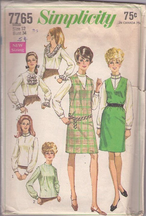 Simplicity 7765 Vintage 60's Sewing Pattern Mod Blouses, Stepford Wives V Neck Jumper Dress, Ruffles, Nehru Collar Blouse Set Size 12
