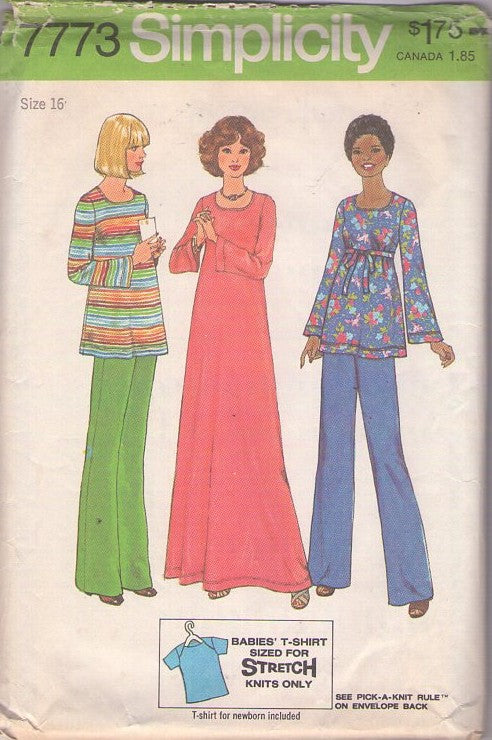 Simplicity 7773 Vintage 70's Sewing Pattern Casual Separates, Scoop Neck Flared Shirt, Blouse, Long Maxi Dress, Pants and MATCHING BABY TSHIRT TEE TOP Size 16