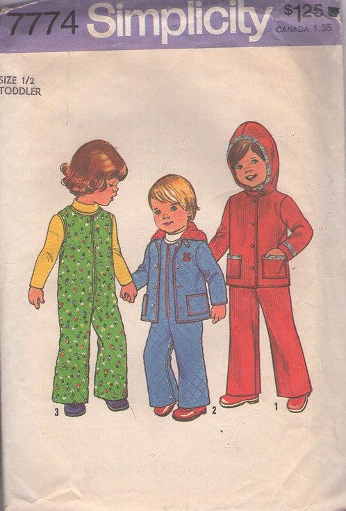 Simplicity 7774 Vintage 70's Sewing Pattern Boys' or Girl's Jacket, Overalls, Front Zippered Jumpsuit, Hooded Jacket, Coat Size 1/2