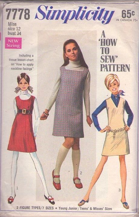 Simplicity 7778 Vintage 60's Sewing Pattern Mod Jumpers, Easy How to Sew Scoop, V or Square Neck Mod Mini Jumper, Dress Size 12