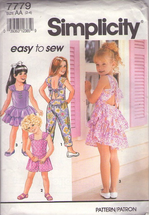 Simplicity 7779 Vintage 90's Sewing Pattern Girl's Open Back Romper, Jumpsuit, Sun Dress, Sundress Size 2-4