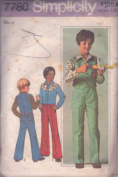 Simplicity 7780 Vintage 70's Sewing Pattern Boy's Western Shirt, Napoleon Dynamite, Brady Bunch Suit Vest, Fly Front Jeans, Pants Size 12