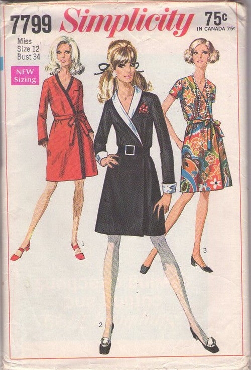 Simplicity 7799 Vintage 60's Sewing Pattern Mod Wrap Dress Set, Shawl Collar or V Neck Front Wrap Around Day Dress & Tie Belt, 3 Styles Size 12